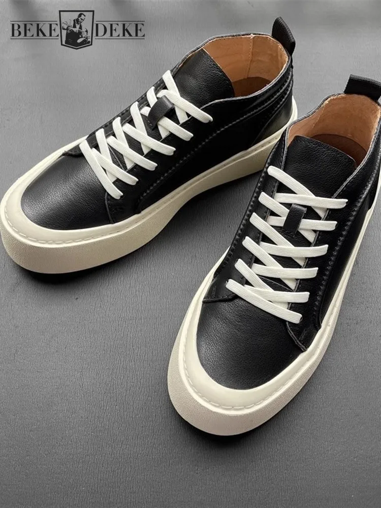 

Fashion Mens Genuine Leather Casual Shoes Lace Up Low Cut Thick Platform Skateboard Shoes Breathable Outside Joggers Trainers