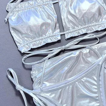 Sexy Zilver Metallic Bandeau Ruches Bikini Sets Drie Stukken Met Mini