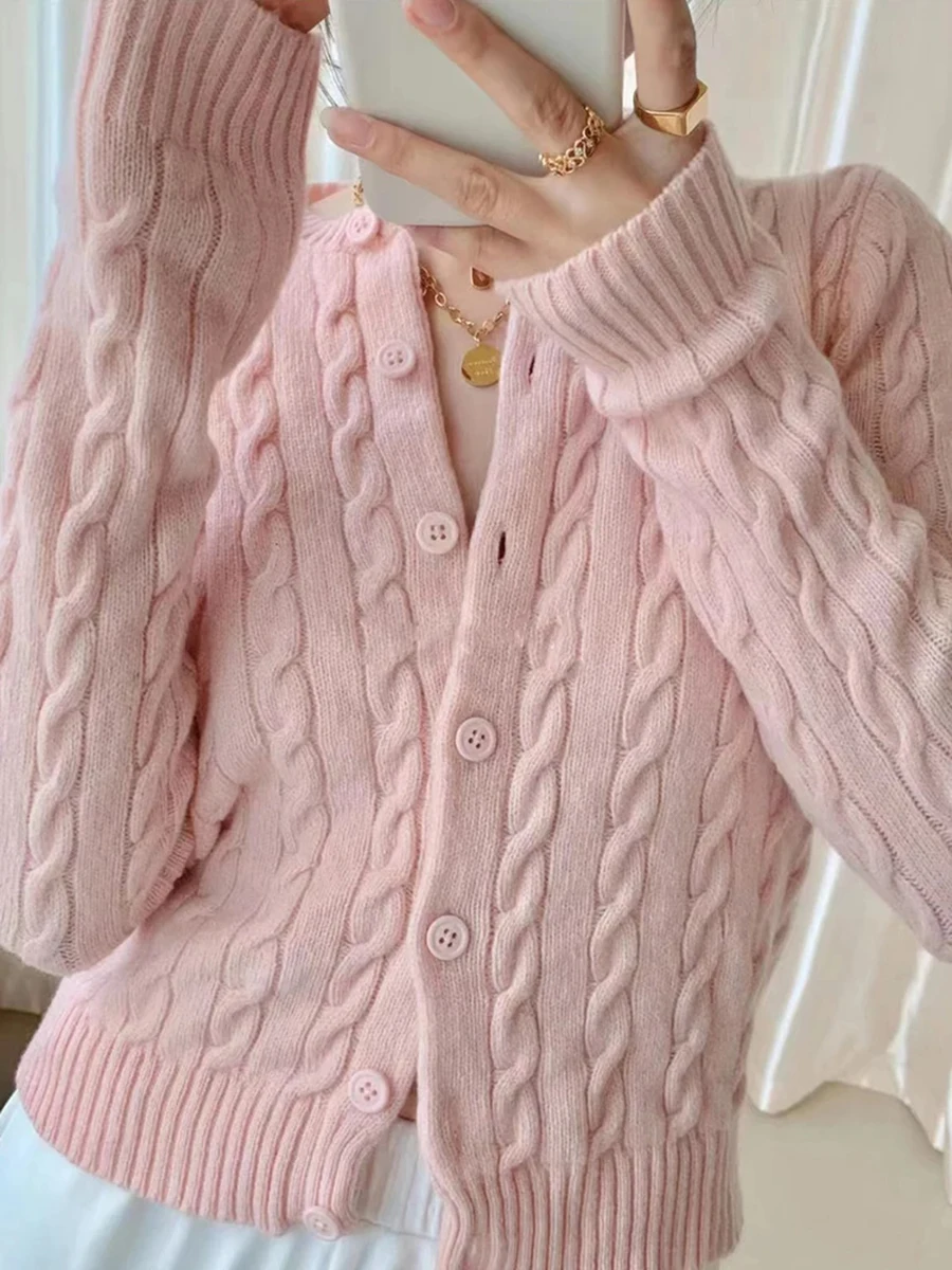 

Sweet Twisted Flower Pink Slim Sweater Women Autumn Cotton Soft Single-Breasted Casual Jumper Outerwear Vintage Chic Cardigans