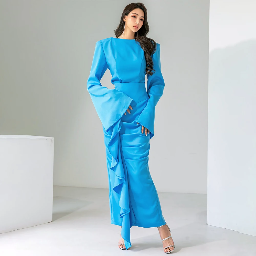 

Elegant Prom Dresses Maxi Long Sleeves O Neck Sheath/Column 2024 Prom Gowns for Women Ankle Length Ruffle Light Blue Party Dress