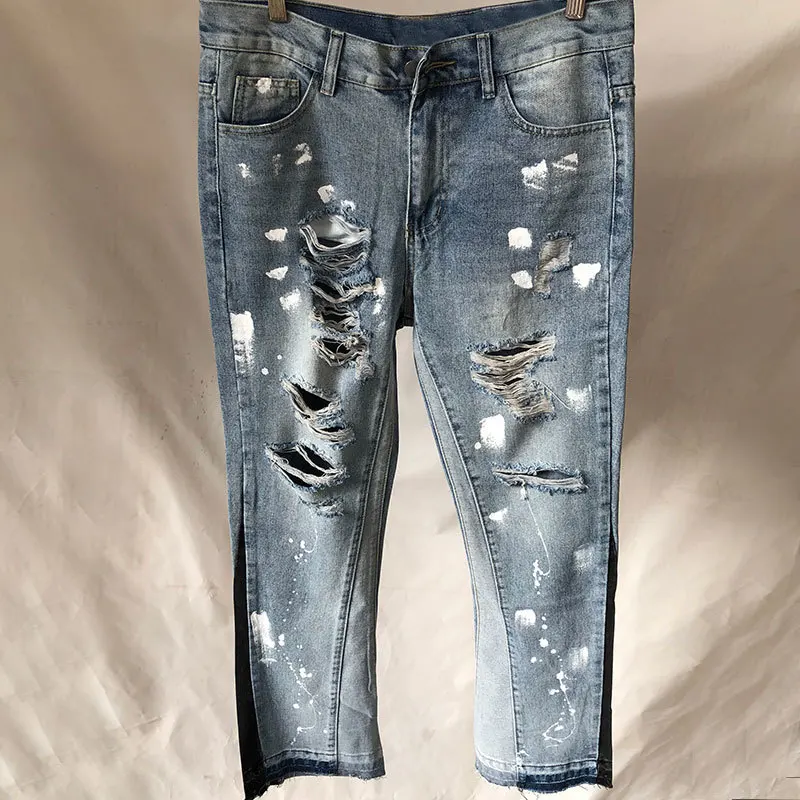 

Spring Destroyed Ripped Jeans Baggy Jeans For Men Patchwork Punk Hip Hop Jeans Pants Streetwear Splash Ink Men Jeans Flared Jean