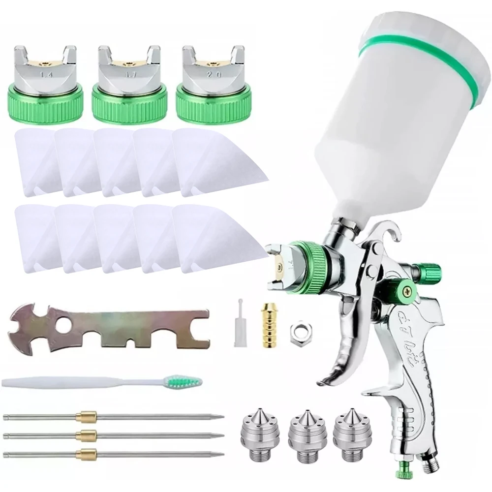 

Gravitational Spraying Tool Set 1.4/1.7/2.0mm Nozzles Paint Sprayer with 600cc Color Cup 10pcs Cone Paint Coating Filter Paper