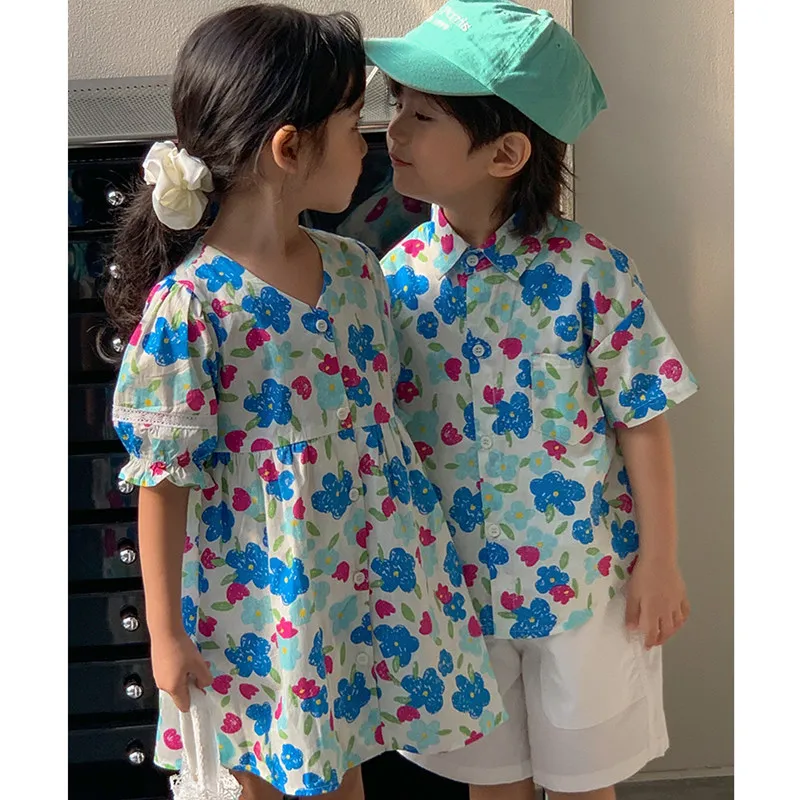 

Toddler Twins Clothes Sister and Brother Matching Vacation Outfits Baby Boys Shirts Shorts Two Piece Sets Kids Girl Floral Dress
