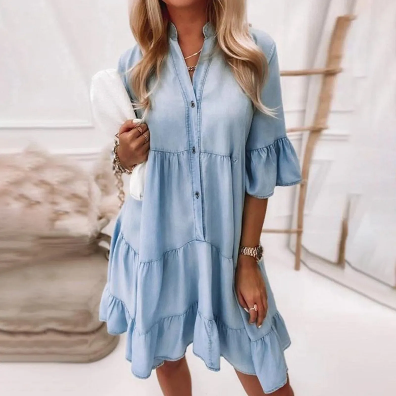 

2024 New Denim Women Dress Summer Casual Half Sleeve Loose Mini Dress Solid A-Line Above Knee Stand Collar Ruffle Shirt Dresses