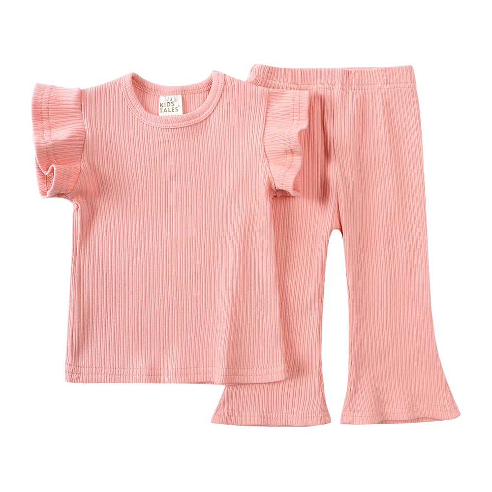 Korean Style Summer Kids Bell Bottoms Cool Pleated Tops Casual Set Little Girl's Suit with Flying Sleeves Fashion Toddler Sets 2 S024cda5909c84286b7e1639d653b50fc2