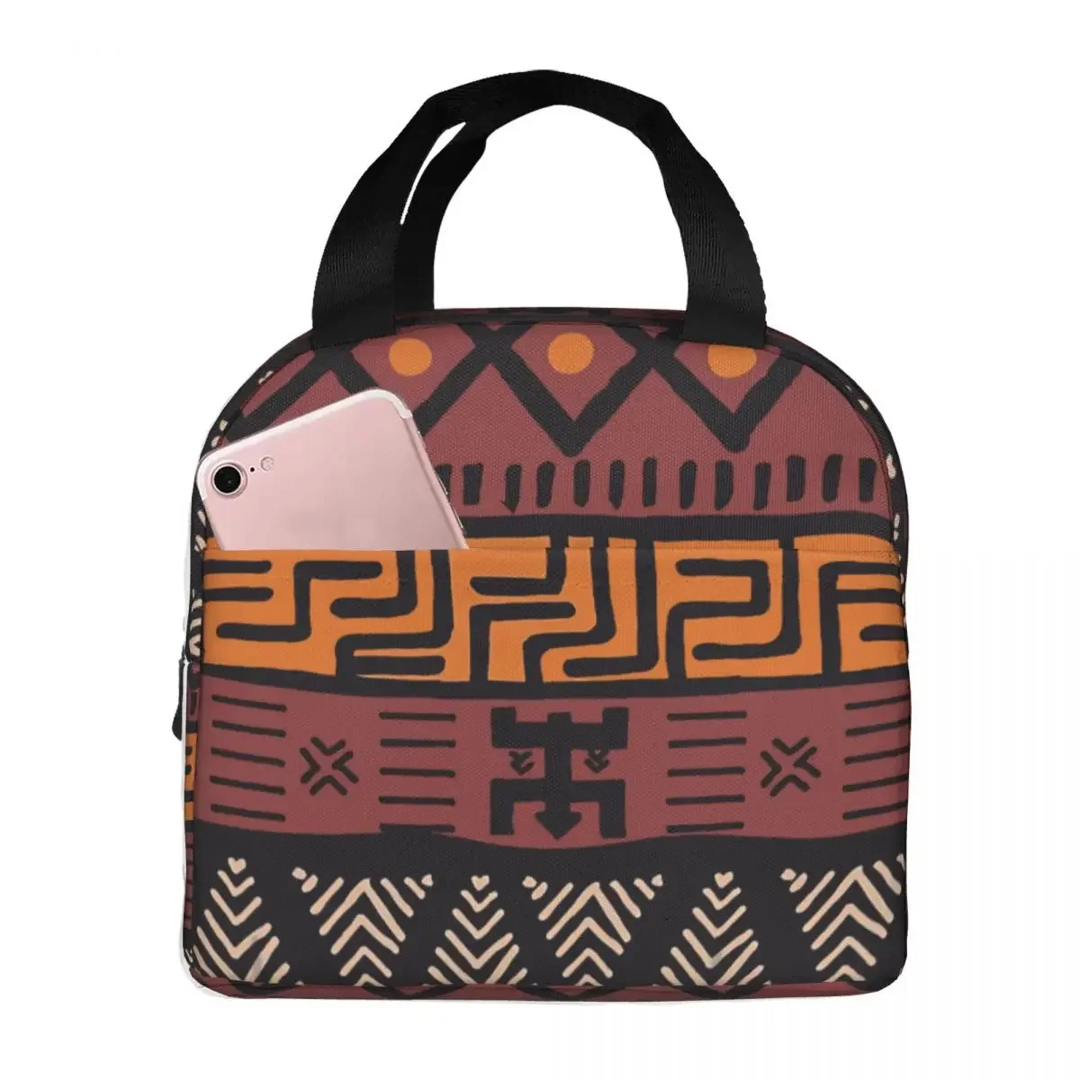 

Tribal Mudcloth Pattern Insulated Lunch Bag Ethnic African Women Kids Cooler Bag Thermal Portable Lunch Box Ice Pack Tote