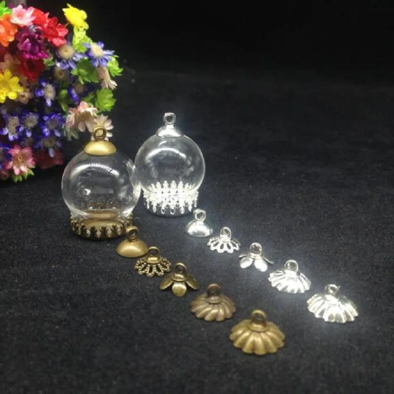 

500sets/lot 20*15mm glass globe crown base 8mm beads cap set glass vial pendant glass cover dome bubble jar necklace cute charms