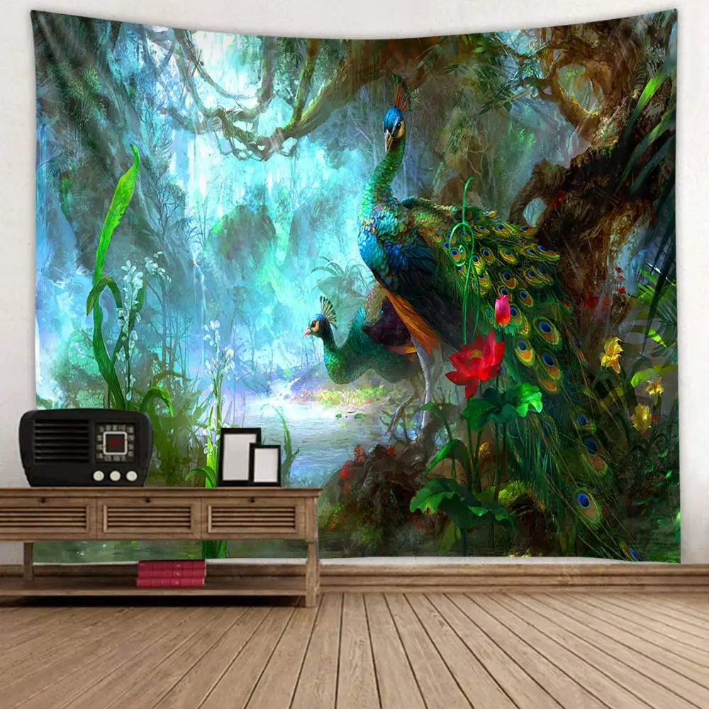 

Peacock Tapestry Colorful Birds Animal Feather Wall Hanging Green Forest Wildlife Home Room Living Room Decor Wall Blanket Cloth