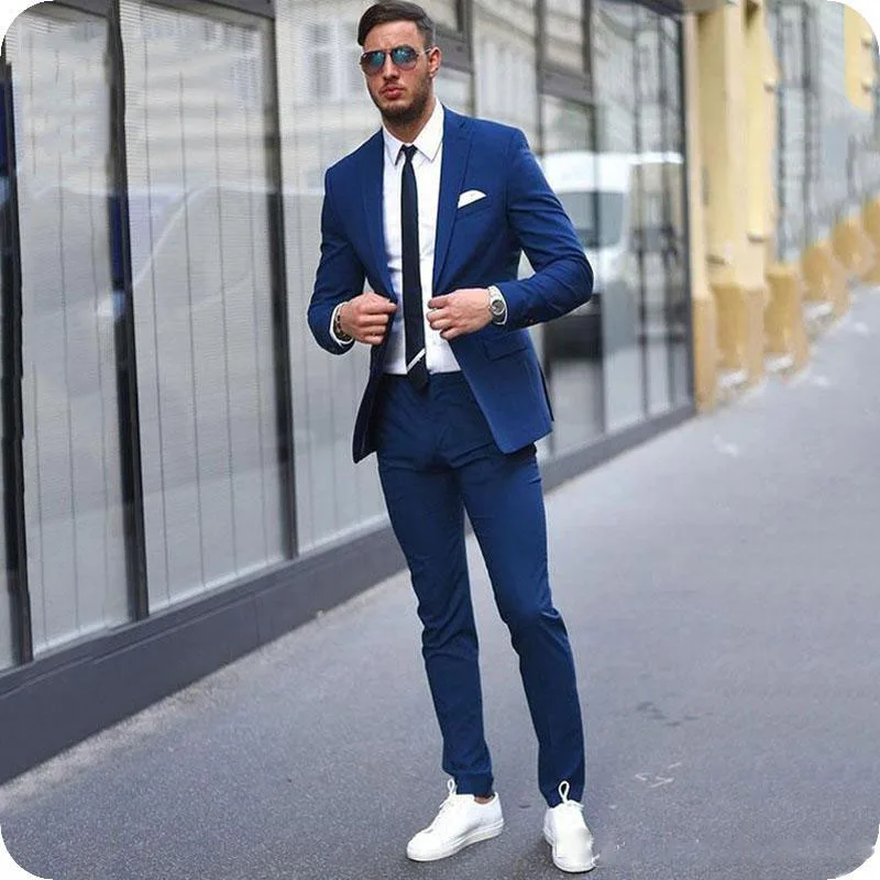 

Smart Casual Blue Men Business Suits Slim Fit Custom Male Blazer Two-Button Men Formal 2 Pieces Suit Set Terno Masculine