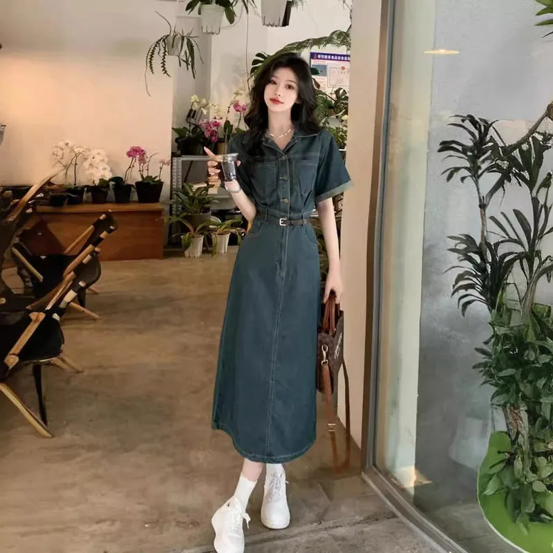 

Retro denim dress for women's summer fashion new French niche design sense, small stature temperament, Hong Kong style longskirt