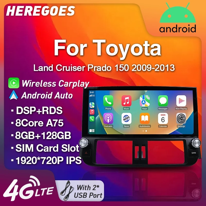 

Carplay 12.3" DSP Car Radio 2 Din Android 12.0 4G LTE For Toyota Land Cruiser Prado 150 2009 2010 - 2013 Auto GPS Navi 8GB+128GB