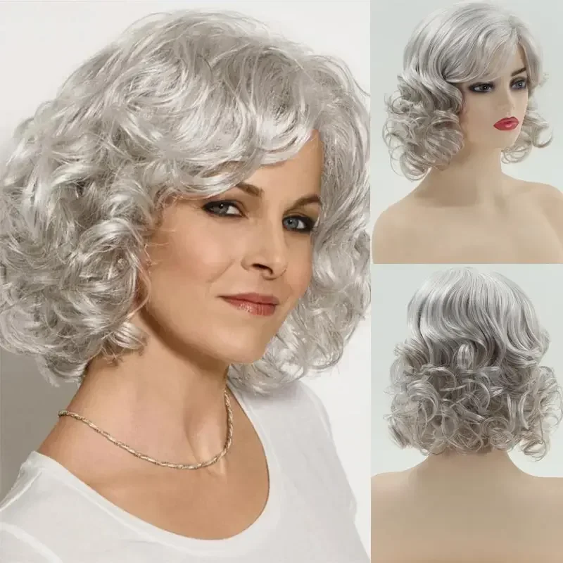 

Short Curly Wig for Women Grey Hair Soft Heat Resistant Silver White Synthetic Wavy Cosplay Party Wig Real Look Mommy Hair