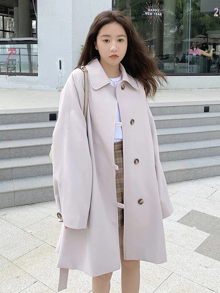 

LANMREM Korean Style Mid Length Windbreaker Women Lapel Single Breasted Solid Color Trench Coat 2024 Spring New Clothing 2AA5210