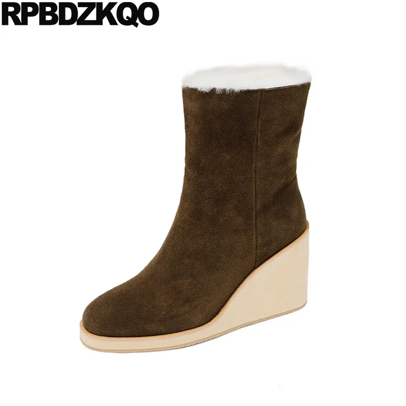 

Snow Wedge Sheepskin Shoes Real Fur Women Boots Winter 2022 Brown Furry Ankle Australian New Trending Fluffy Plush High Heel