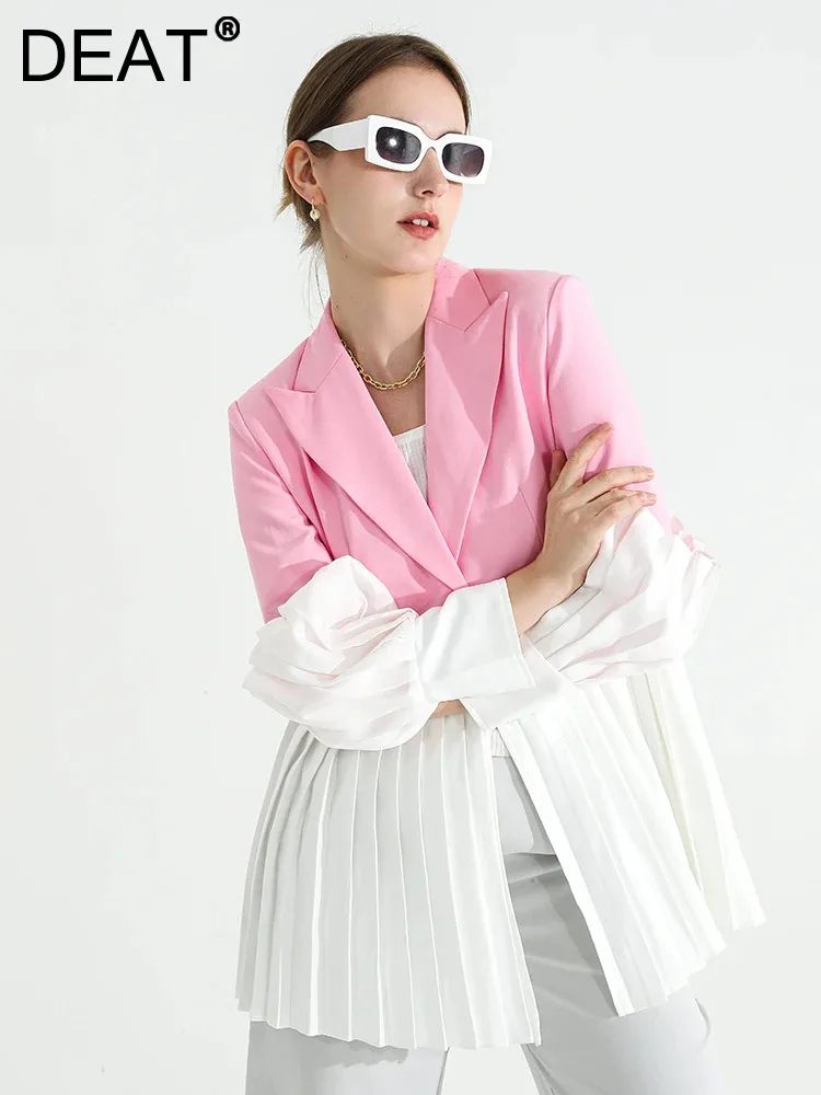 

DEAT Fashion Women's Blazer Notched Collar Single Button Spliced Pleate Contrast Colors Suit Jackets Spring 2024 New Tide 7AB008