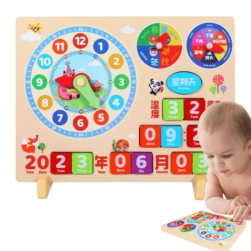 

Обучающие часы с календарем, Обучающие игрушки, деревянный календарь, обучающая игрушка, настенное крепление, деревянная метеостанция с календарем для детей