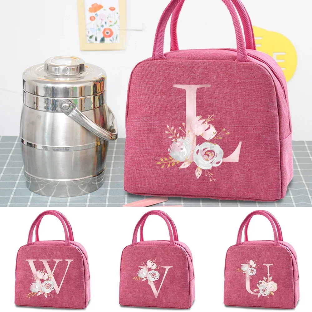 

Canvas Lunch Box Bag Pink Flower Cooler Picnic Bag Fashion Lunch Bags School Food Insulated Dinner Bag Camping Travel Handbag
