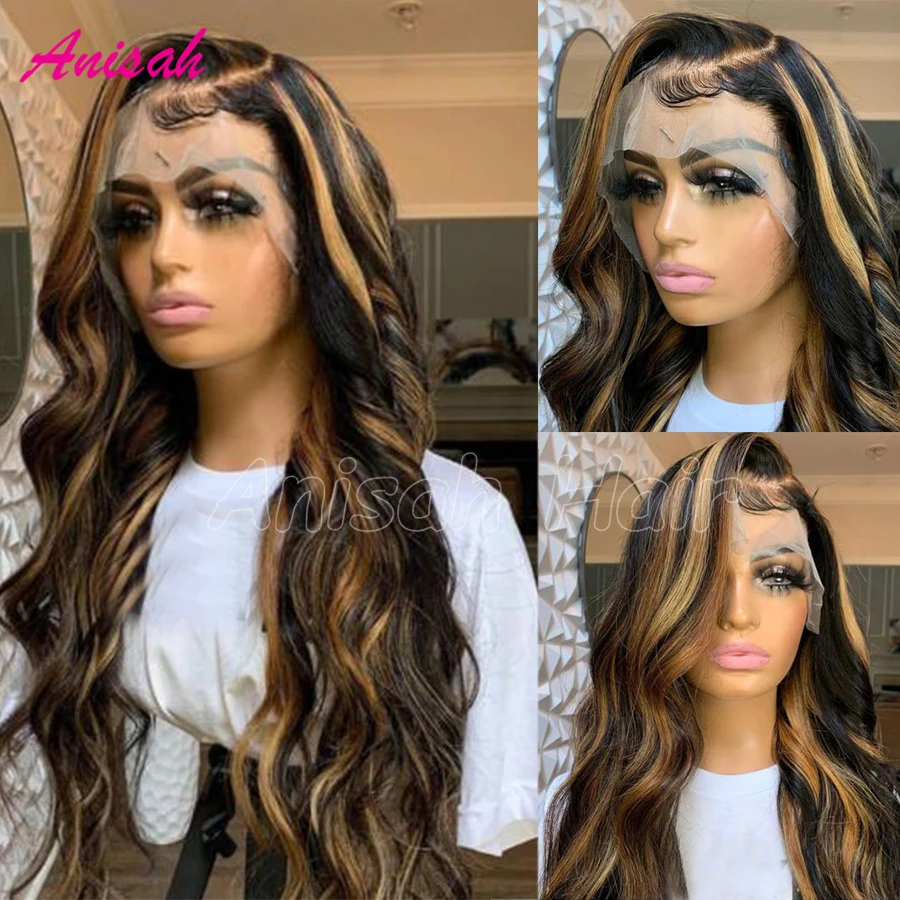 

Honey Blonde Ombre Lace Front Wig Wear Go Highlight Glueless Wig Body Wave 13x4 Transparent Lace Frontal Wig Colored Human Hair