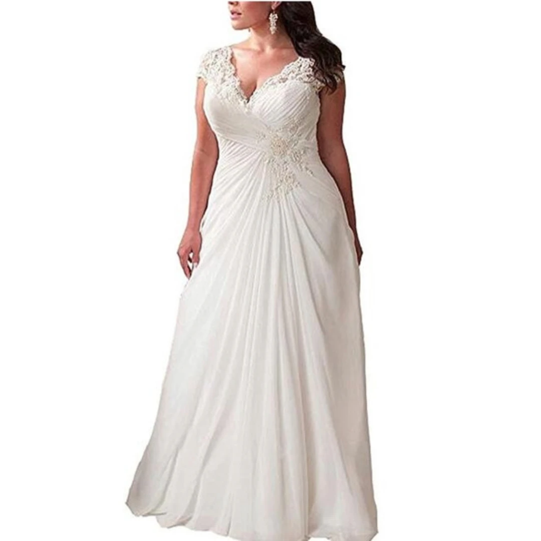 Elegant Plus Size Wedding Gown with Cap Sleeves Embroidered Lace Bodice Full Length Chiffon Skirt V-Neck Backless Bridal Gowns
Elegant Plus Size Wedding Gown with Cap Sleeves Embroidered Lace Bodice Full Length Chiffon Skirt V-Neck Backless Bridal Gowns