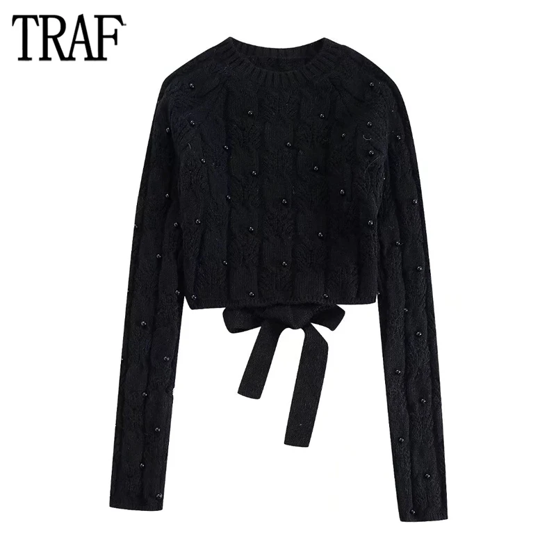 

TRAF Faux Pearls Short Sweaters for Women Backless Knitted Sweater Woman 2024 Long Sleeve Cropped Sweater Women Bow Knitwears