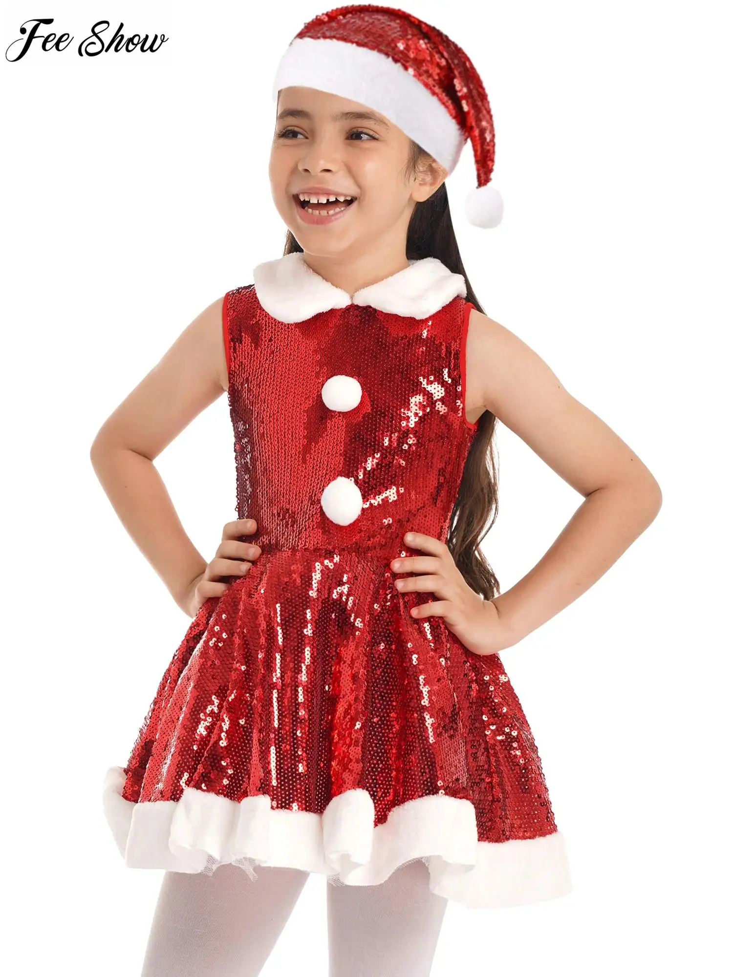 

Kids Girls Mrs Santa Claus Christmas Party Dance Performance Costume Sleeveless Sequins Dress with Hat Set Dancewear