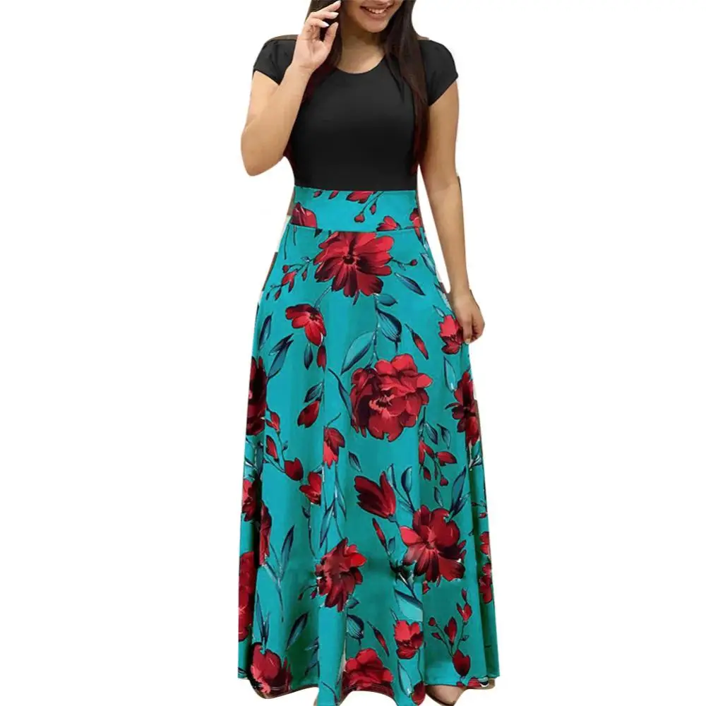 

Women O Neck Long Short Sleeve Floral Print Large Hem Waist Tight Maxi Dress