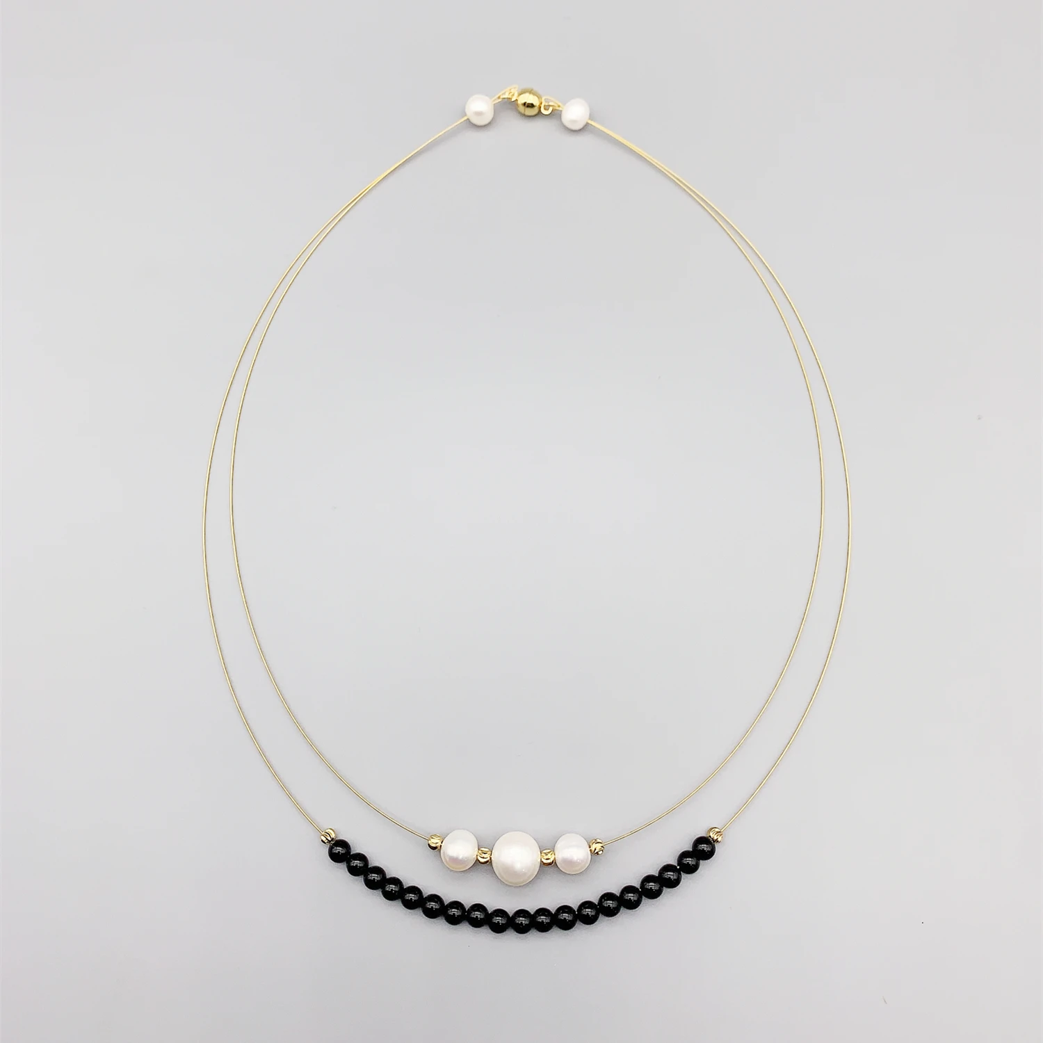 

FoLisaUnique 7-8mm White Freshwater Pearls 4mm Black Onyx Necklace For Women Gold Filled Beads Elegant Choker Layers