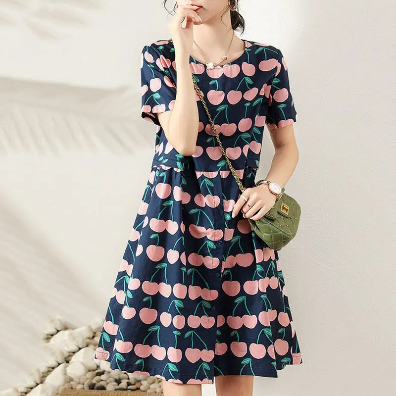 Summer New Plus Size Womens Loose Dress Fashion Pink Cherry Print Short-sleeved Long Skirt Lady Casual O Neck Vestidos Dresses
Summer New Plus Size Womens Loose Dress Fashion Pink Cherry Print Short-sleeved Long Skirt Lady Casual O Neck Vestidos Dresses