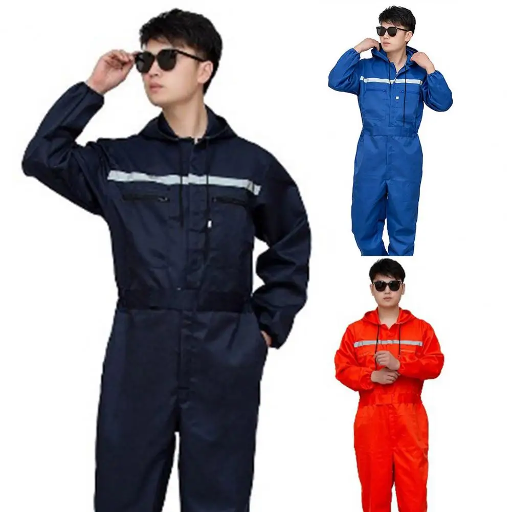 

Unisex Workwear Reflective Zipper Pockets Unisex Work Overalls Safety Worker Coveralls for Auto Repairmen Jumpsuit with Hood