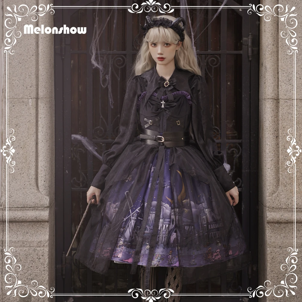 Melonshow Gothic Lolita Dress Witch Town Lolita JSK Dress with Black Blouse Original Halloween Gothic Retro Lolita Customizable 
Melonshow Gothic Lolita Dress Witch Town Lolita JSK Dress with Black Blouse Original Halloween Gothic Retro Lolita Customizable
