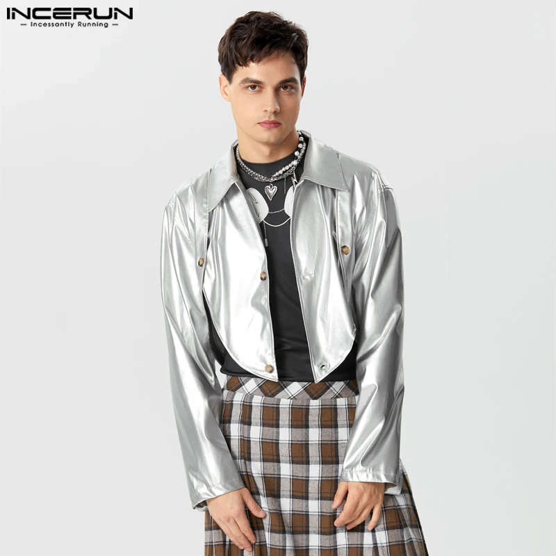 

INCERUN Tops 2023 American Style Fashion New Men Flash Fabric Irregular Hem Blazer Casual Cropped Long Sleeved Suit Coats S-5XL