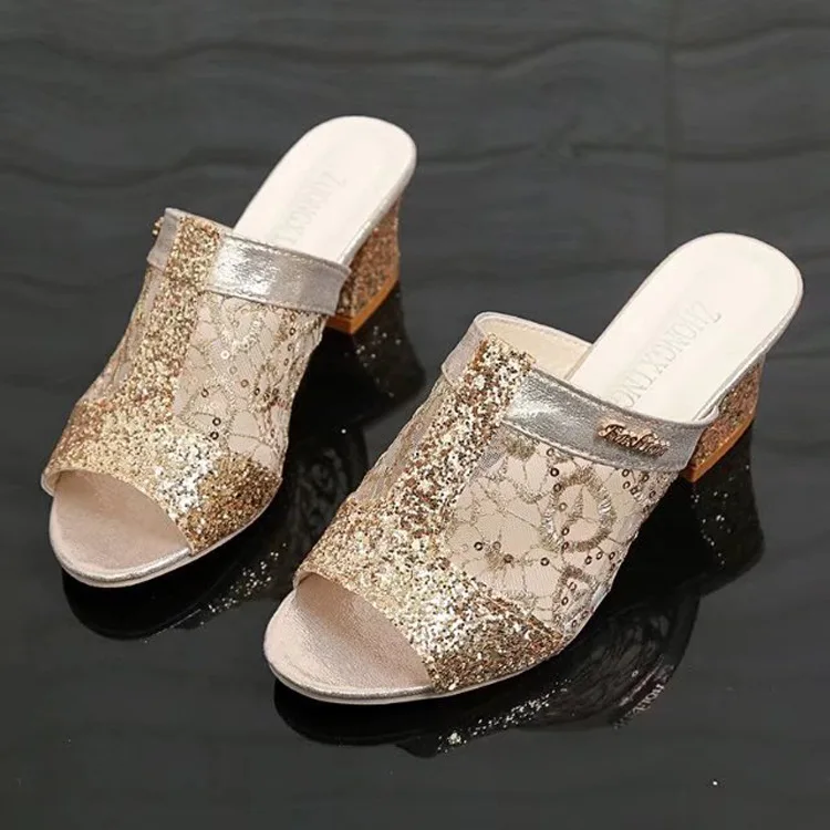 

Slippers Casual Shoes Woman 2024 Peep Toe Pantofle Big Size Heeled Mules Square heel Med Luxury Flat New High Block PU Bling Rub