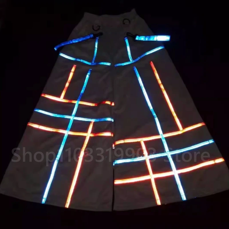 

Fashion Blue Red Reflective Strip Night Vision Shuffle Ghost Dancing Pants Luminous Bell-bottoms Death Flared Trousers Unisex