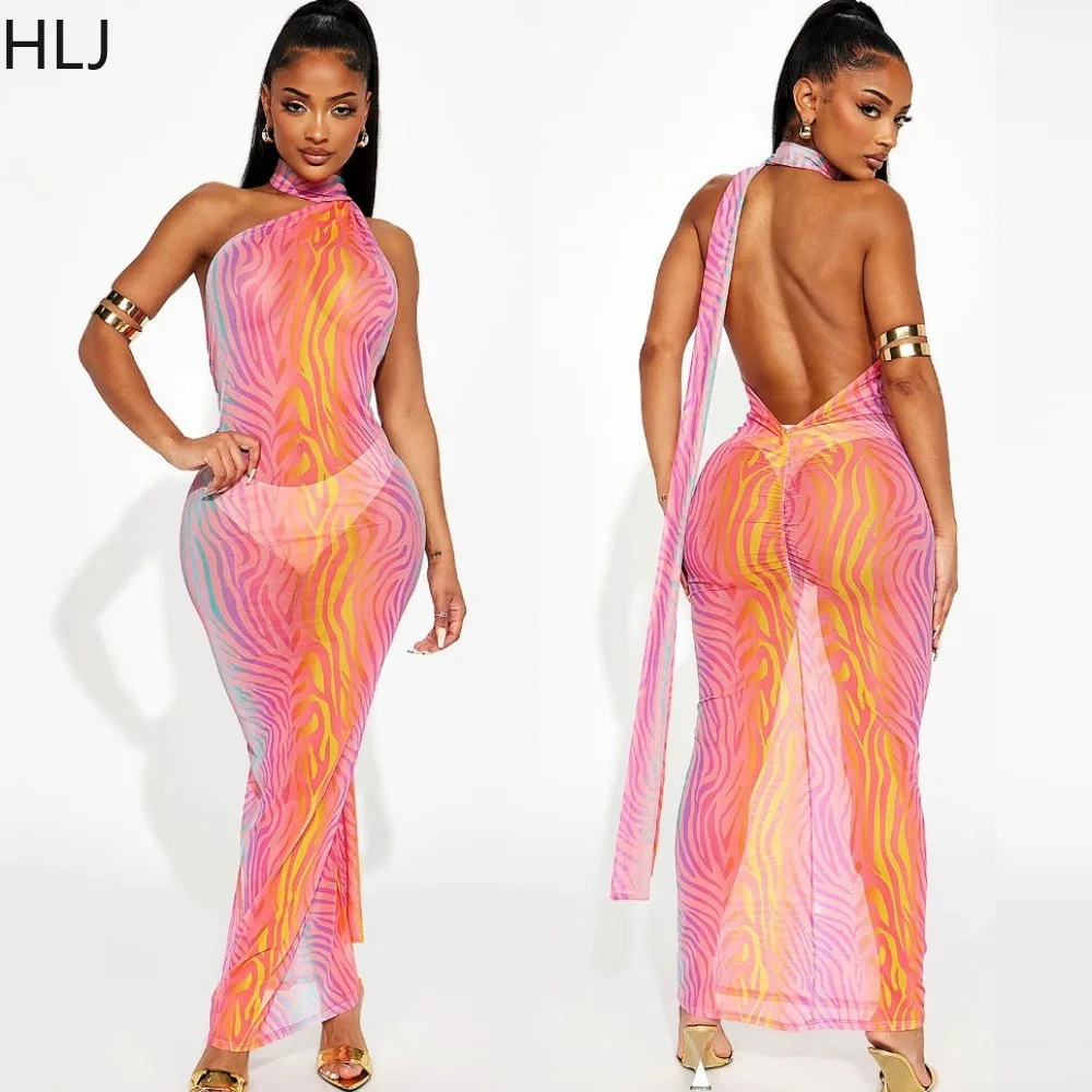 

HLJ Sexy Mesh Perspective Halter Bodycon Nightclub Dresses Women Sleevless Backless Slim Vestidos Fashion Print Holidays Clothes