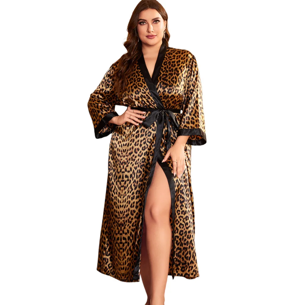 

Women's Soft Long Satin Robes Plus Size Leopard Print Silk Bathrobes Full Length Robes Kimonos Silky Bath Robe Dressing Gown 5XL