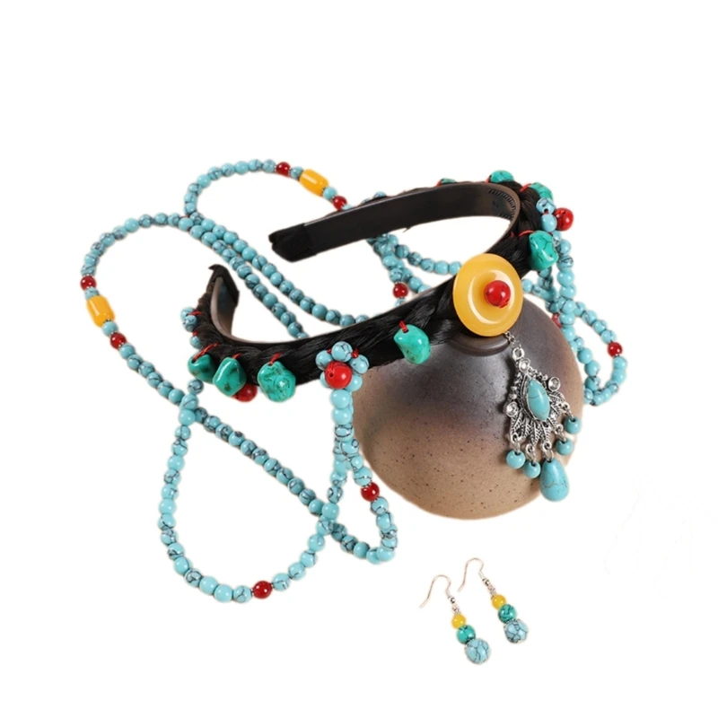 

Tibetan Hairband with Turquoise Forehead Chain Decors Ethnic Headband for Girl Woman Festival Photography 28TF