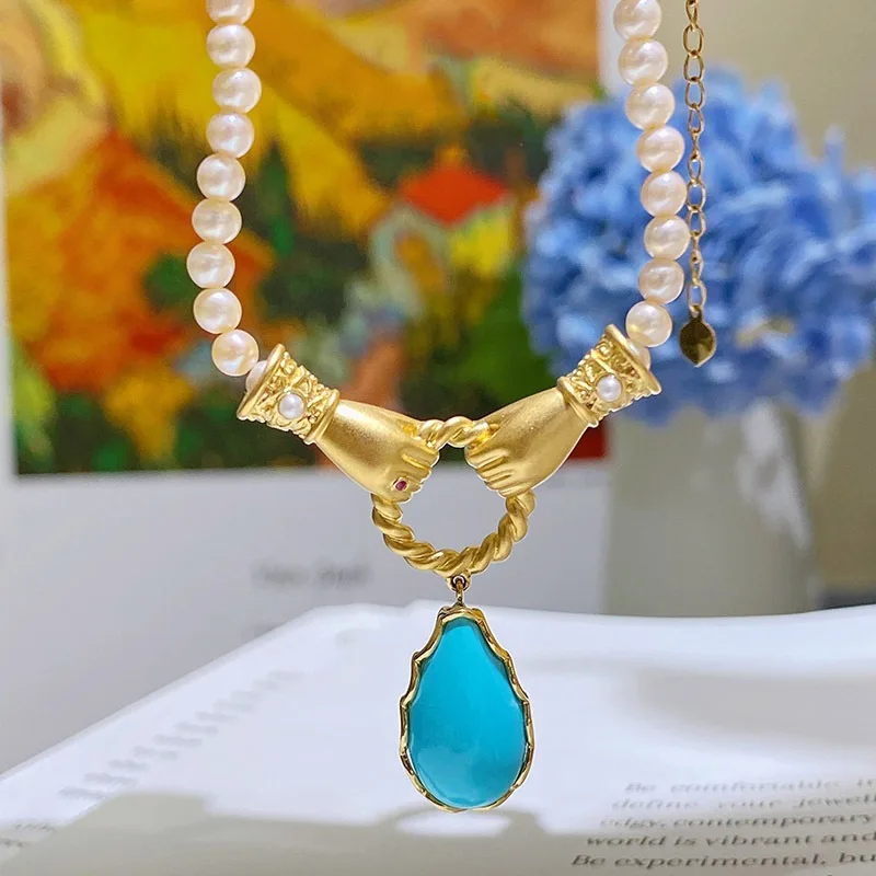 

Italy Palace Style Jewelry Set Carved Gold Earrings Turquoise Adjustable Ring Pearl Gold Plated Sapphire Necklace Jewelry Set