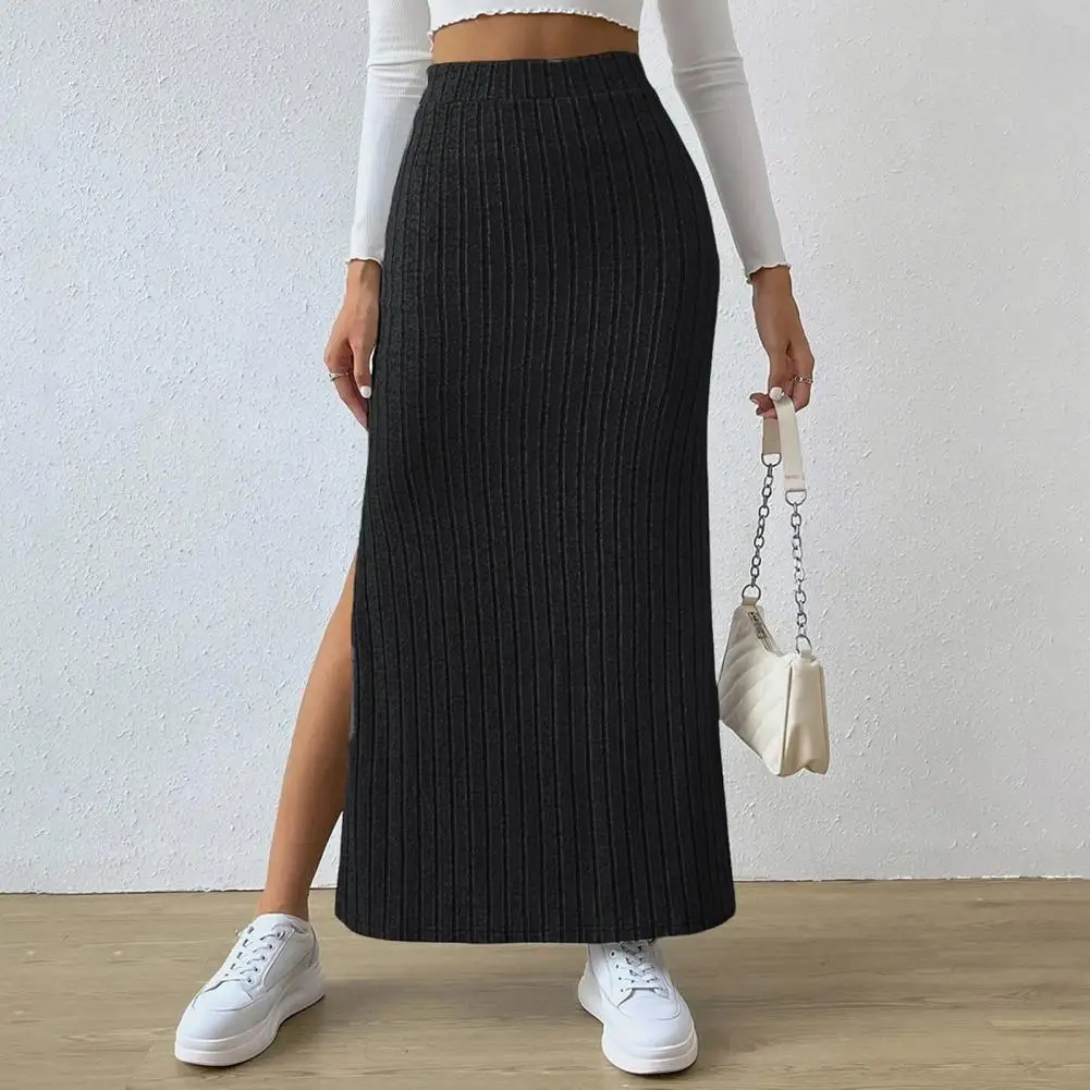 

Women Maxi Ribbed Skirt High Waist Side Slit Knitting Skirt Solid Color Slim Fit Long Skirt Streetwear