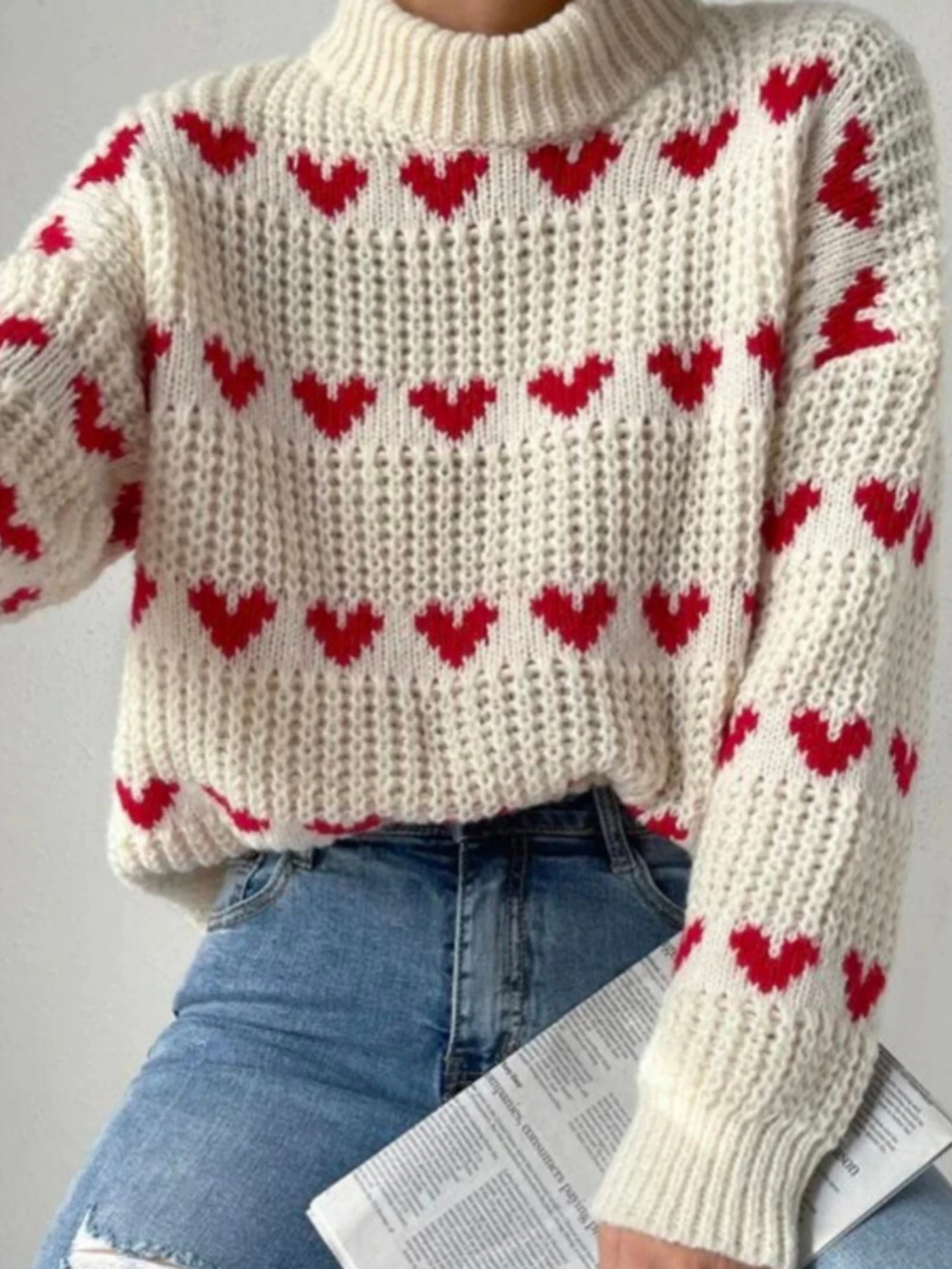 

Women's Baggy Knit Sweaters Casual Love Heart Jacquard Long Sleeve Mock Neck Pullovers Jumpers Fall Winter Knitwear
