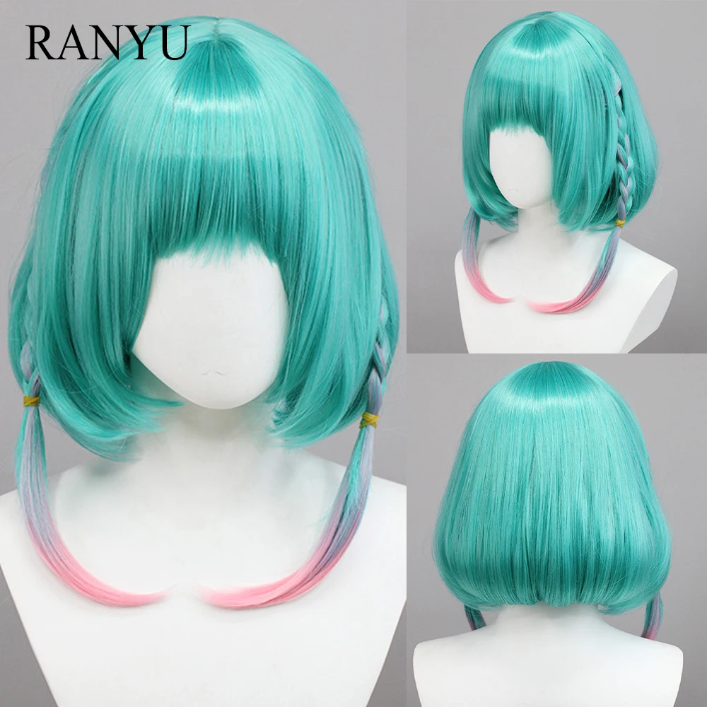 

RANYU Ombre Blue Pink Gradient Short Straight Synthetic Women Anime Game Cosplay Hair Wig for Daily Party