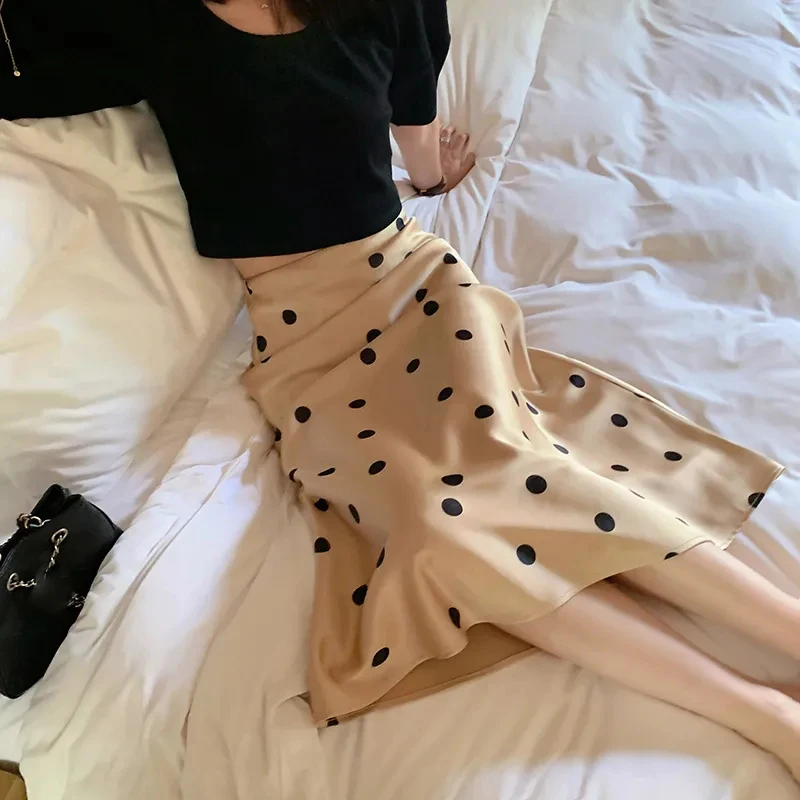 Silk Satin High-waisted Skirt for Women Summer Elegant Dot Printing Long Skirts Female Korean Office A-line Skirts 2023
Silk Satin High-waisted Skirt for Women Summer Elegant Dot Printing Long Skirts Female Korean Office A-line Skirts 2023