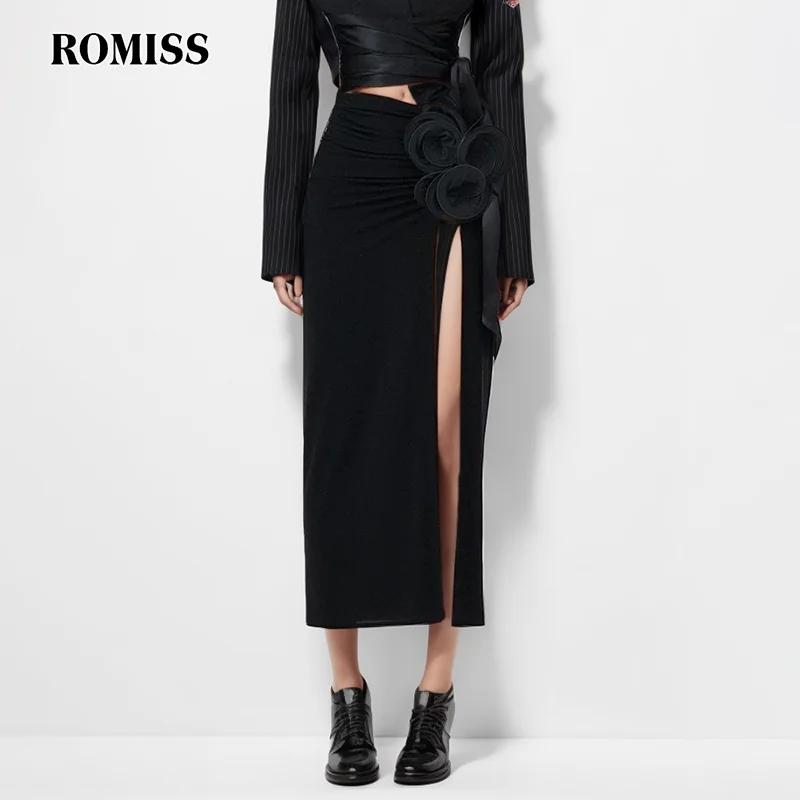 

ROMISS Switching solid color slim skirt Women's high -waisted solid split three -dimensional flower A -line tight skirt women's