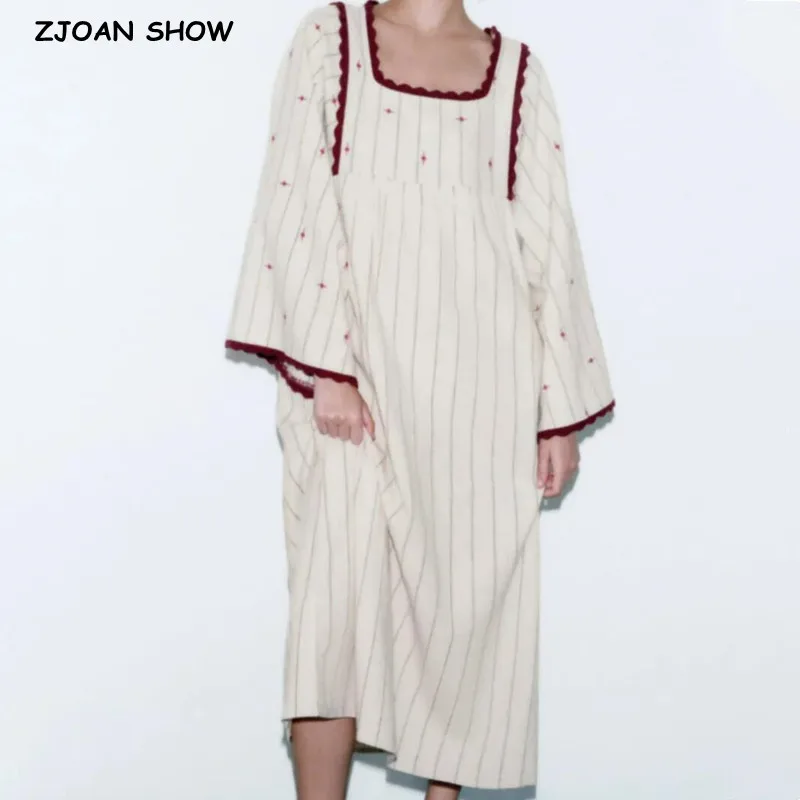 

2023 BOHO Khaki Striped Print Embroidery Flower Spliced Lace Straight Dress Ethnic Woman Loose Full Sleeve Long Robe Holiday