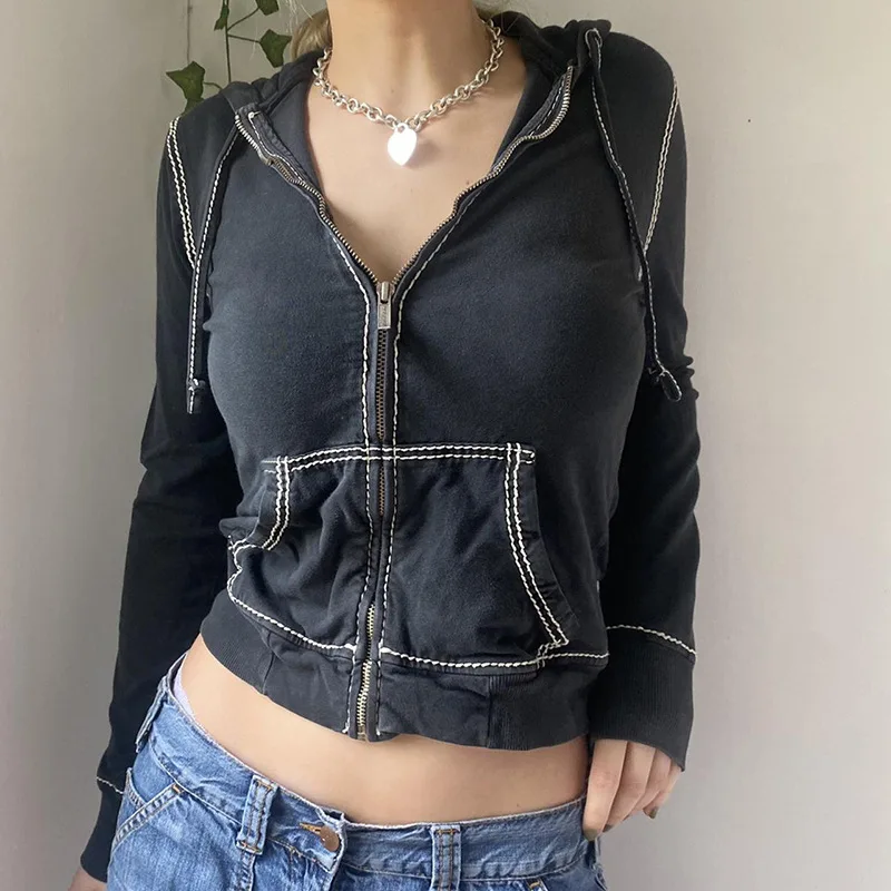 Harajuku Grunge Spring Autumn Cropped Hoodie Women Jacket Bright Line Stitched Zip Up Sweatshirt Hooded Pockets Goth
Harajuku Grunge Spring Autumn Cropped Hoodie Women Jacket Bright Line Stitched Zip Up Sweatshirt Hooded Pockets Goth