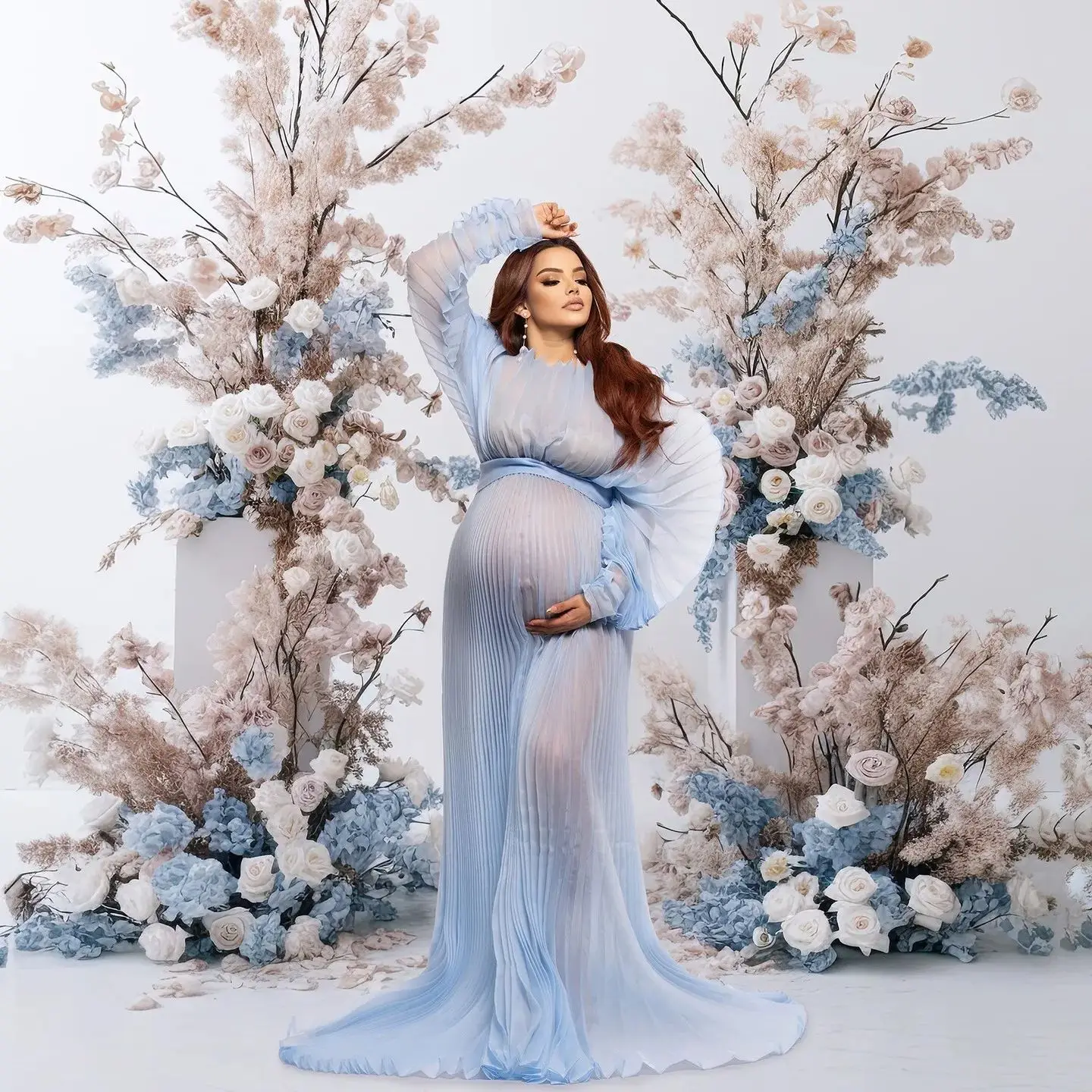 

Pregnant Women Blue Prom Dresses Charming See Thru High Neck Maternity Robes Sexy Long Sleeves Floor Length Photography Gowns