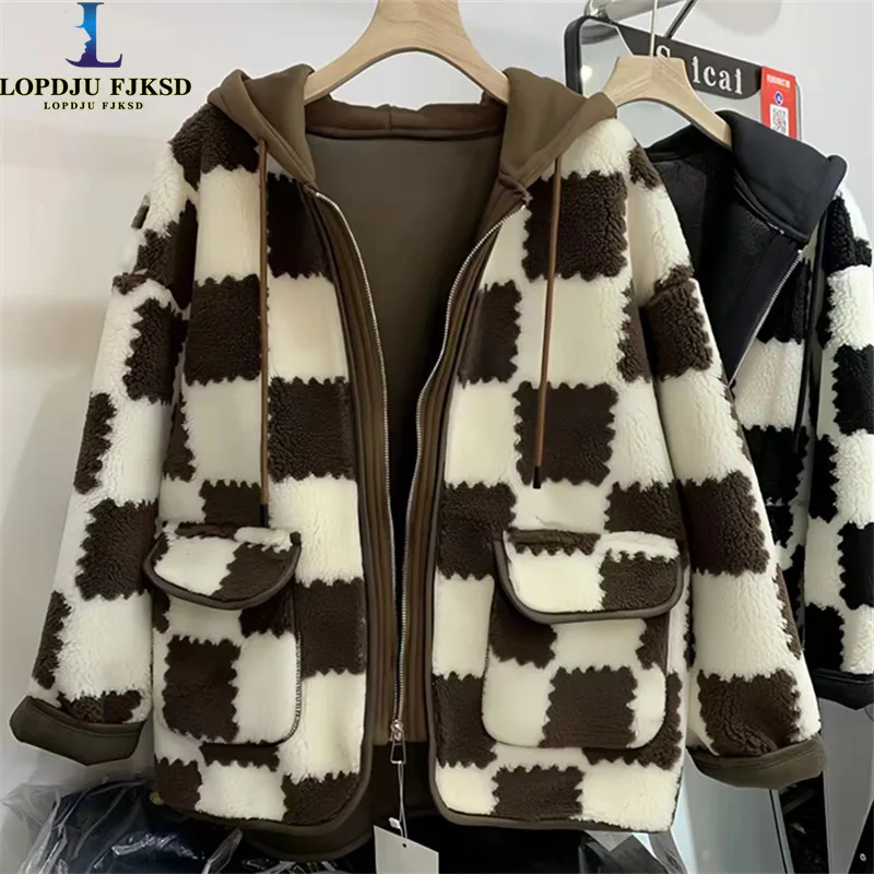 

Women's Faux Lamb Fur Coat, Korean Hooded Plaid Jacket,Thick Warm , Female Clothing,Spliced ,Autumn, Winter,New,2024