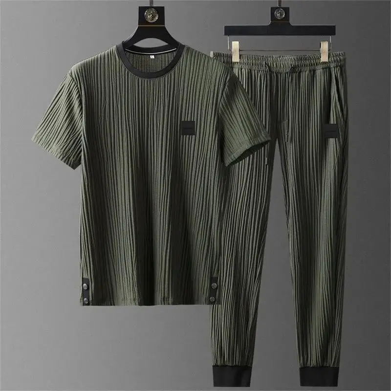 

Summer Ice Silk Set Men's Loose Thin Sports Fold Drape Short-sleeved Trousers Solid Casual Shirt+pants Two-Piece Set Tracksuits