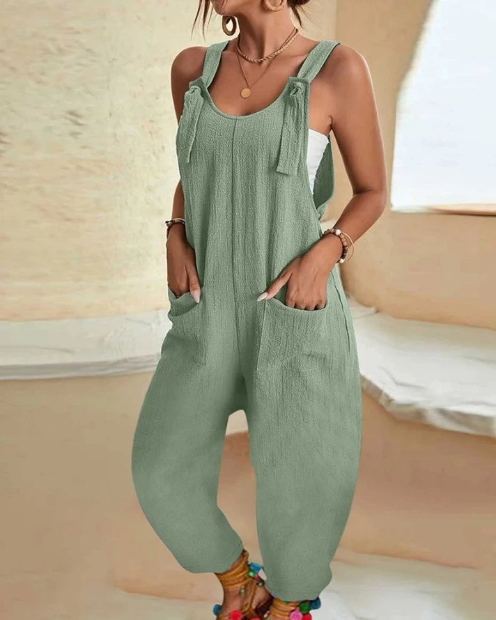 

Rompers Women 2024 Summer U Neck Sleeveless Knotted Pocket Design Suspender Wide Leg Jumpsuit Spaghetti Strap Baggy Overalls