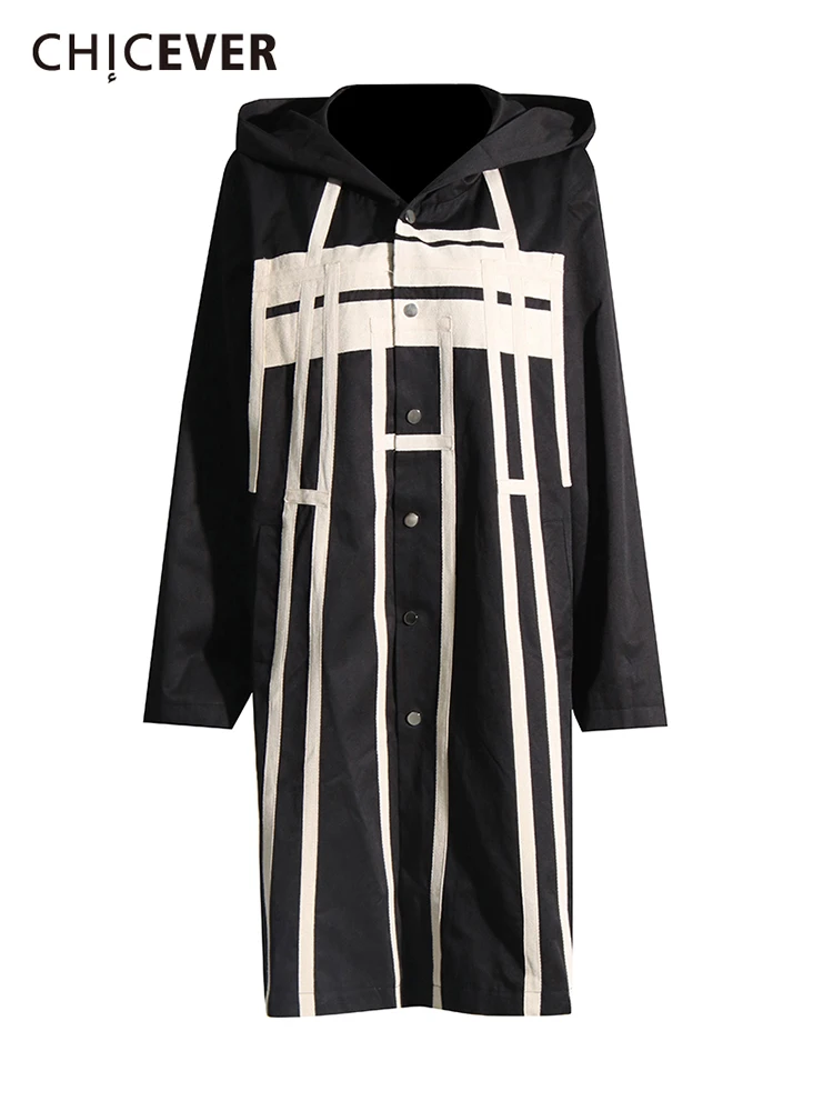 

CHICEVER Colorblock Striped Coats For Women Hooded Collar Long Sleeve Single Breasted Loose Folds Casual Spring Trench Female