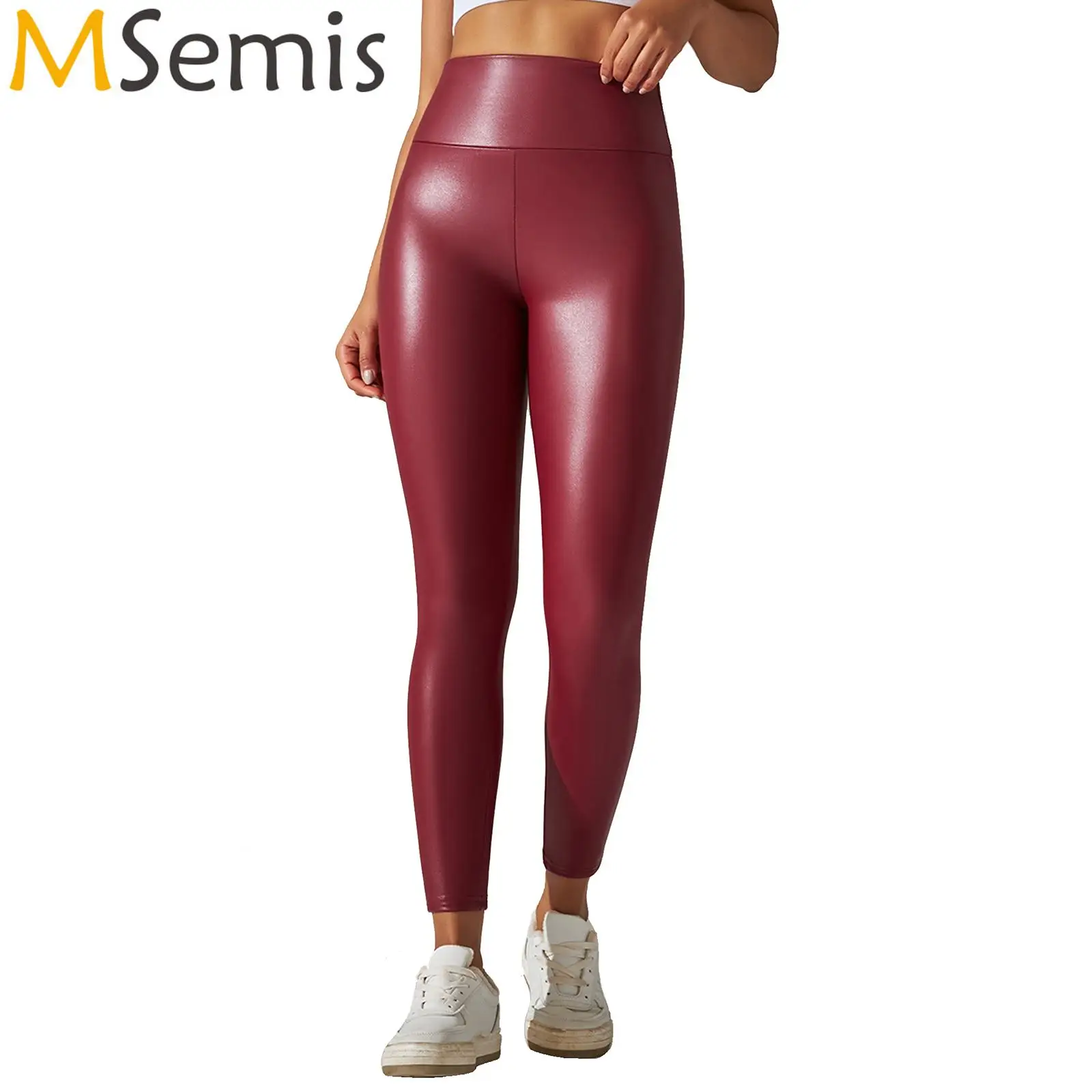 

Womens PU Leather Yoga Tights Pants High Waist Wide Elastic Waistband Shiny Metallic Leggings Pants Compression Sport Bottoms